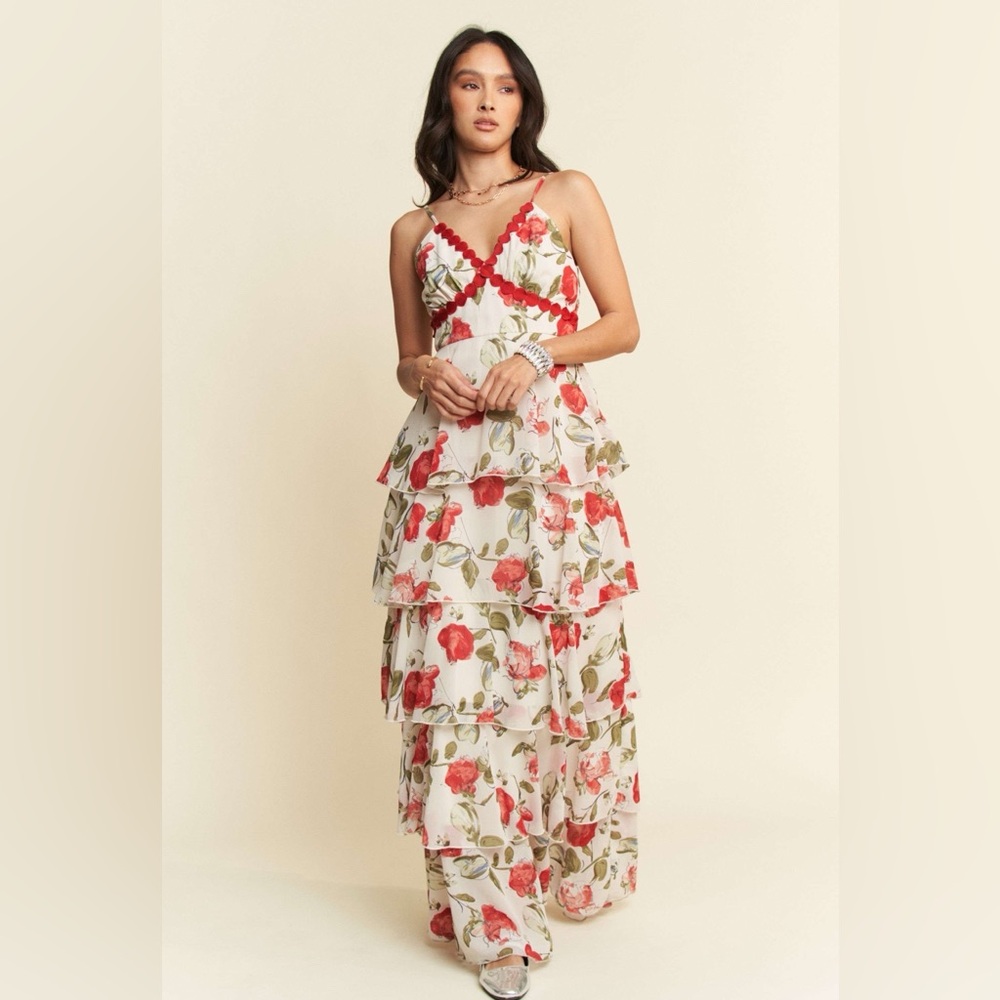 NWT Romantic Rose Tiered Maxi Dress – Floral Ruffle Layers, Elegant Cami STYLE